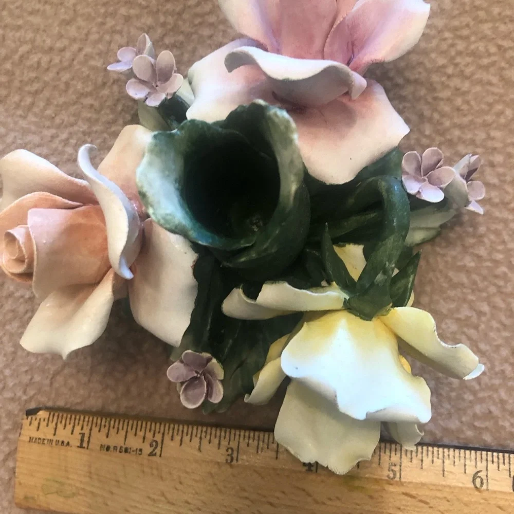 Vintage Capodimonte Yellow Rose Floral Accent with Green Leaves Candleholder